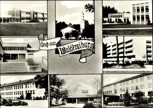 Ak Waldkraiburg im Bayerischen Alpenvorland, Plattenbauten, Kirche, Schule