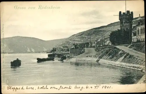 Ak Rüdesheim am Rhein Hessen, Bootspartie, Turm
