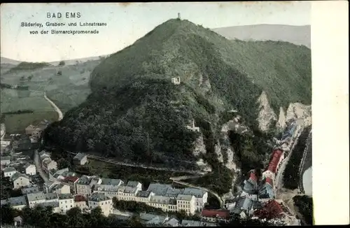 Ak Bad Ems an der Lahn, Bäderley, Graben- und Lahnstraße von der Bismarckpromenade