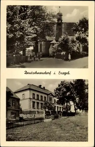 Ak Deutschneudorf im Erzgebirge, Teilansicht, Kirche, Haus