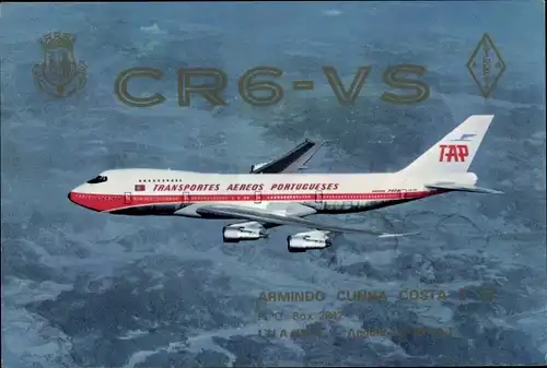 Ak Portugiesisches Passagierflugzeug, Boeing 747 B, TAP, Funkerkarte, CR6 VS