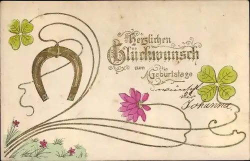 Präge Litho Glückwunsch Geburtstag, Hufeisen, Kleeblätter, Blüten