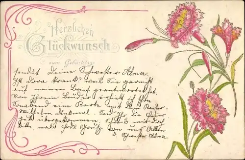 Litho Glückwunsch Geburtstag, Rosa Blüten