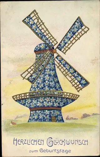 Ak Glückwunsch Geburtstag, Windmühle aus Vergissmeinnichtblüten