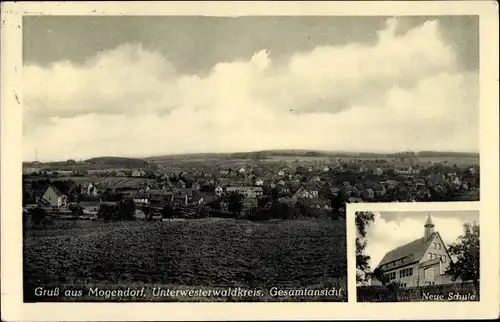 Ak Mogendorf Unterwesterwaldkreis, Totalansicht der Ortschaft, neue Schule