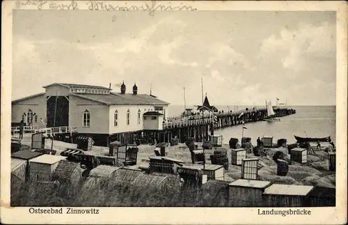 Ak Ostseebad Zinnowitz auf Usedom, Landungsbrücke, Strand