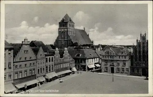 Ak Hansestadt Greifswald, Marktplatz, Brunnen, Marienkirche