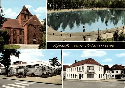 Ak Bassum in Niedersachsen, Kirche, Teich, Sparkasse, Hotel Stadt Bremen