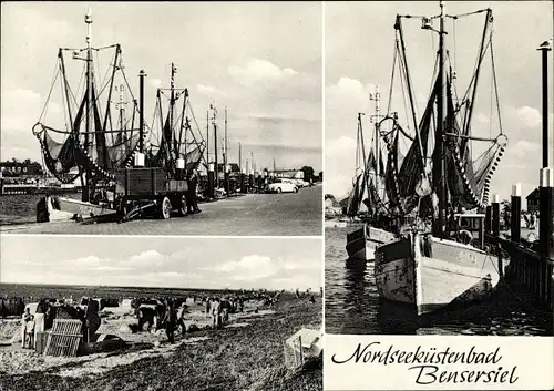 Ak Bensersiel Esens in Ostfriesland, Hafenansicht, Fischkutter, Strandpartie