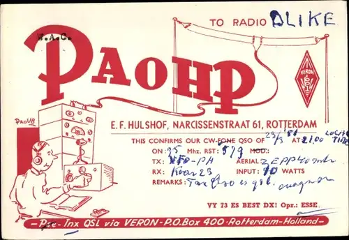 Ak Rotterdam Südholland Niederlande, To Radio DLIKE, E. D. Hulshof, Narcissenstraat 61