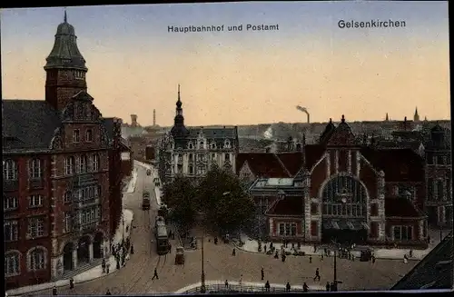Ak Gelsenkirchen im Ruhrgebiet, Hauptbahnhof und Postamt