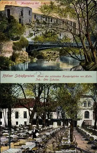 Ak Halle Saale, Gasthof Pfälzer Schießgraben, Inh. Otto Schulze, Moritzburg mit Burgbrücke