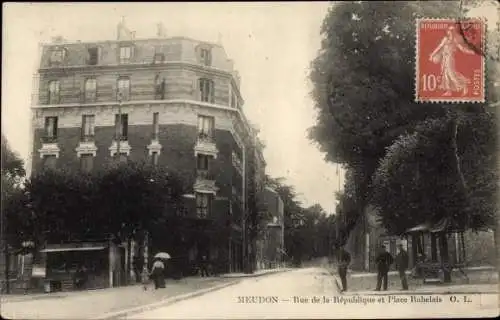 Ak Meudon Hauts de Seine, Rue de la Republique et Place Rabelais