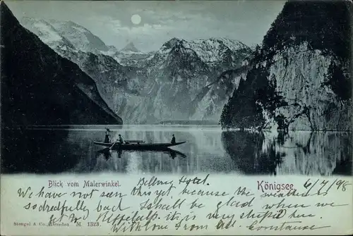 Mondschein Ak Schönau am Königssee, Blick vom Malerwinkel, Ruderpartie bei Nacht, M 1323