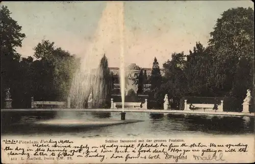 Ak Potsdam in Brandenburg, Schloss Sanssouci mit grosser Fontaine