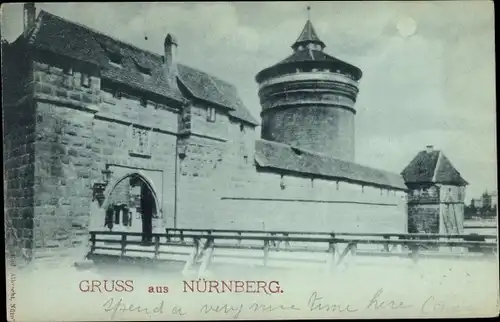 Mondschein Ak Nürnberg in Mittelfranken, Burg, Tor, Brücke, Nacht
