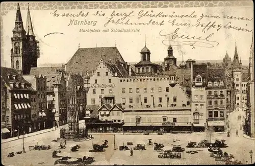 Ak Nürnberg in Mittelfranken, Marktplatz mit Sebalduskirche