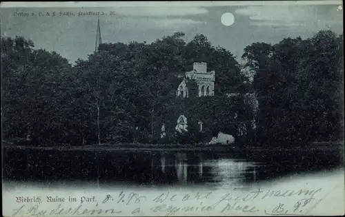 Mondschein Ak Biebrich am Rhein Wiesbaden, Ruine im Park bei Nacht