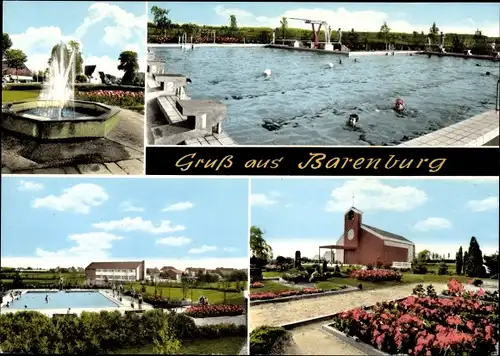 Ak Barenburg in Niedersachsen, Springbrunnen, Schwimmbad, Kirche