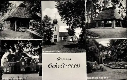 Ak Ocholt Howiek Westerstede im Kreis Ammerland, Kirche, Ehrenmal, Friedhofskapelle, Wassermühle