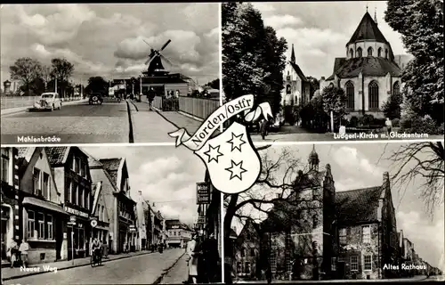 Wappen Ak Norden Ostfriesland, Altes Rathaus, Kirche, Mühlenbrücke, Neuer Weg, Windmühle