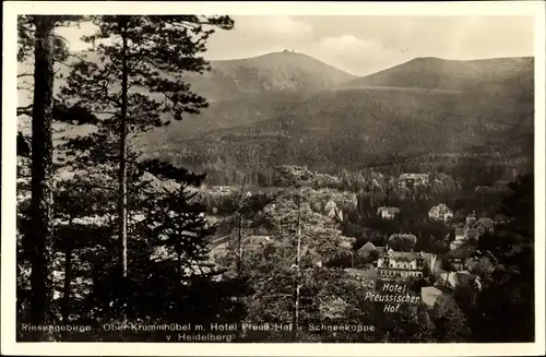 Ak Karpacz Krummhübel im Riesengebirge Schlesien, Panorama mit Hotel Preußischer Hof und Schneekoppe