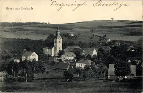 Ak Drebach im Erzgebirge, Panorama, Kirche