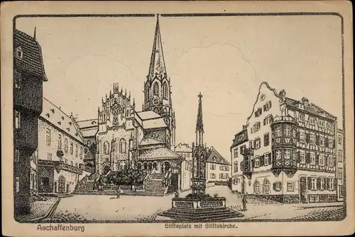 Ak Aschaffenburg in Unterfranken, Stiftsplatz mit Stiftskirche