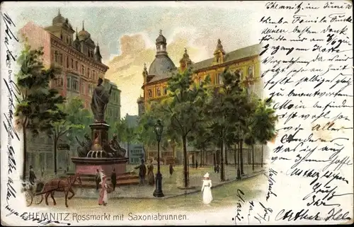Litho Chemnitz in Sachsen, Rossmarkt mit Saxoniabrunnen