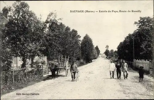 Ak Sauvage Marne, Entree du Pays, Route de Romilly