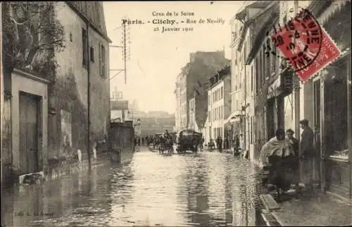 Ak Clichy Hauts de Seine, Rue de Neuilly, 28 Janvier 1910, Crue de la Seine