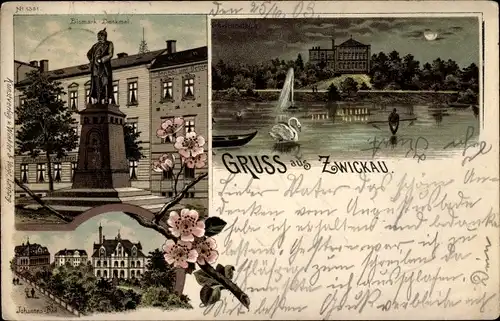 Mondschein Litho Zwickau in Sachsen, Bismarck Denkmal, Johannes Bad, Schwan