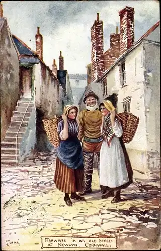 Künstler Ak  Newlyn Cornwall South West England, Fishwives in an old Street at Newlyn