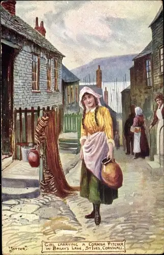 Künstler Ak St. Ives Cornwall South West England, Girl carrying a cornish Pitcher in Briley's Lane