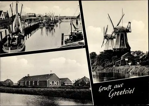 Ak Greetsiel Krummhörn in Ostfriesland, Windmühle, Hafenpartie, Häuser