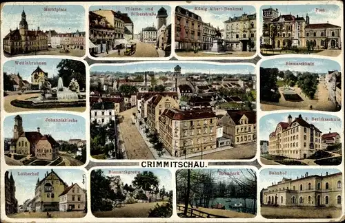 Ak Crimmitschau in Sachsen, Marktplatz, Bahnhof, Kirche, Post, Denkmal, Lutherhof, Schule