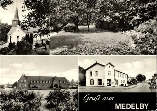 Ak Medelby in Schleswig Holstein, Kirche, Spar Geschäft, Park, Gebäude