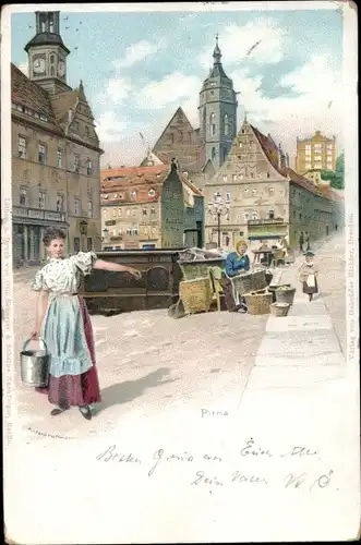 Litho Pirna an der Elbe, Marktplatz, Brunnen