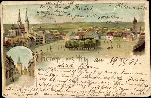 Litho Vysoké Mýto Hohenmaut Reg Pardubitz, Platz, Kirche, Blick auf den Ort