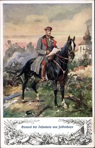 Künstler Ak General der Infanterie von Falkenhayn zu Pferde