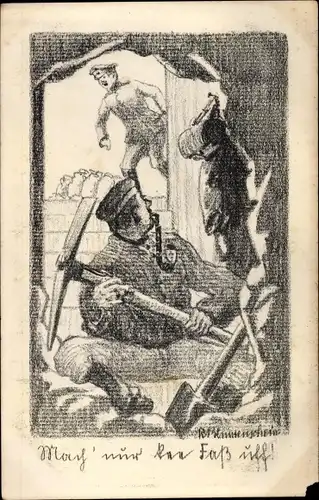 Künstler Ak Deutscher Soldat mit Spitzhacke, Schützengraben