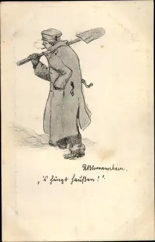 Künstler Ak Rauchender deutscher Soldat mit Schaufel