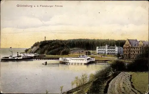 Ak Glücksburg an der Ostsee, Dampfer am Anleger, Hotel