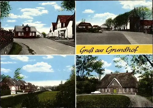 Ak Grundhof Schleswig Holstein, Strassenansicht, Reetdachhaus, Siedlung