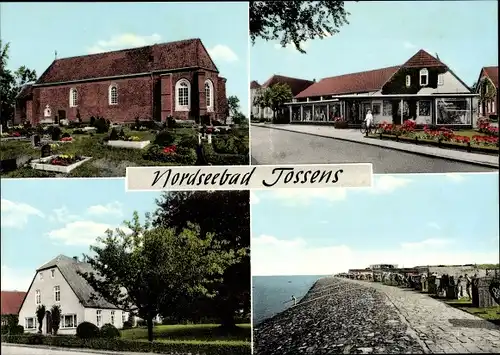 Ak Tossens Butjadingen Wesermarsch, Kirche, Promenade, Geschäft, Haus