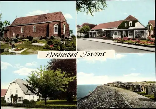 Ak Tossens Butjadingen Wesermarsch, Kirche, Promenade, Geschäft, Haus