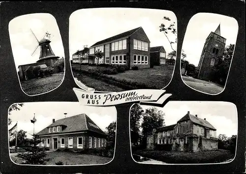 Ak Pewsum im Ostfriesland, Schule, Windmühle, Turm, Schloss