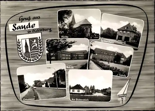 Wappen Ak Sande in Friesland, Kirche, Spritzenhaus, Schule, Strassenansichten