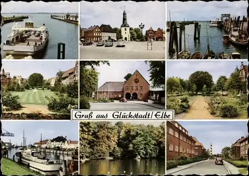 Ak Glückstadt in Schleswig Holstein, Hafenpartie, Fähre, See, Rathaus, Park, Marktplatz