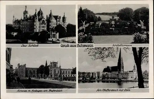 Ak Schwerin in Mecklenburg, Schloss, Schlossterrasse, Arsenal, Dom, Pfaffenteich